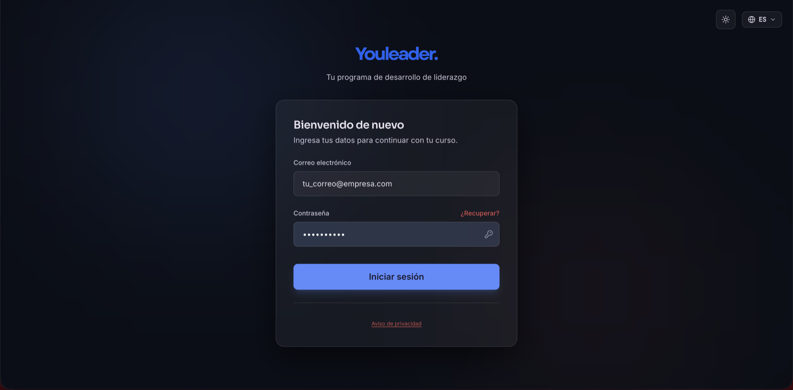 Pantalla de inicio de sesión de Youleader